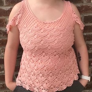 Peach/Blush Crocheted Cold-Shoulder Tank